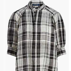 Ralph Lauren Cici Blouson-Sleeve Plaid Linen Popover
